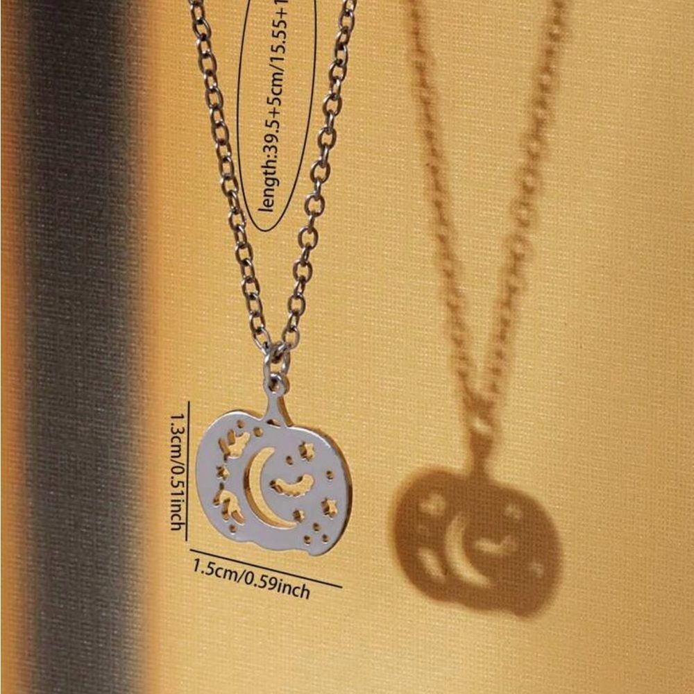 Minimalist Goth Pumpkin Necklace with cut out Bat, Crescent Moon Fall Leaves - Picture 3 of 3